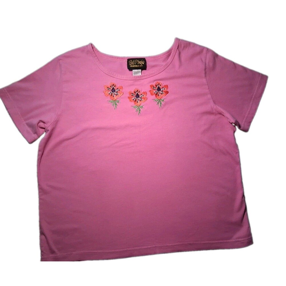 Bob Mackie Wearable Art Womens Tee Shirt Women's Large Pink Floral Embroidered